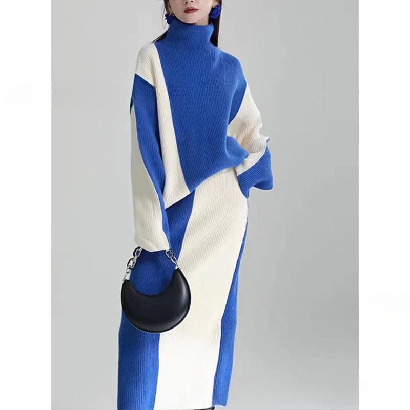 Design Sense of Niche High Neck Sweater Women Fashion Two-piece Autumn and Winter Color Collision Knitting Suit High Waist Half-body Skirt