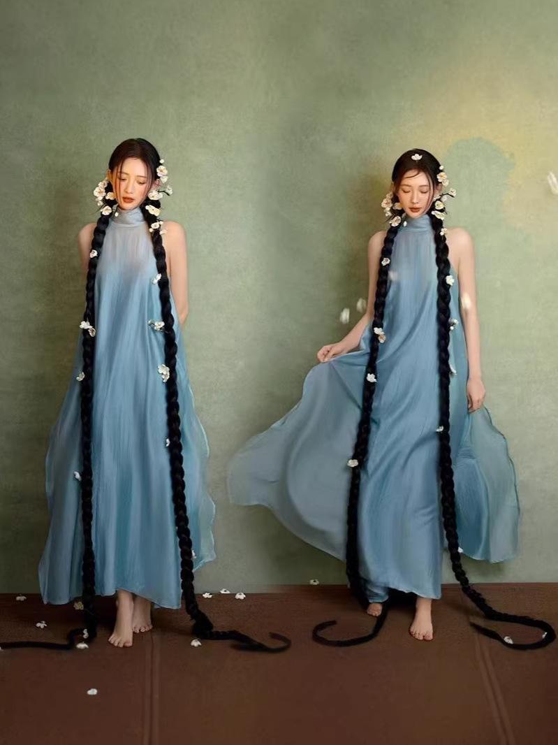 Elegant Blue New Chinese Style Maternity Dress for Photo Shoots One Size