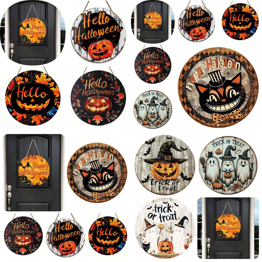 Contemporary Round Wooden Decor Sign For Halloween With Charming Black Cat Pumpkin And Ghost Motifs