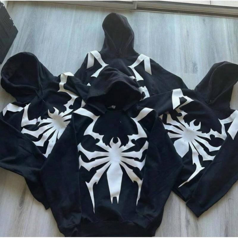 Mens Dark Spider Print Hooded Zip Sweatshirt Loose Streetwear Casual Jacket