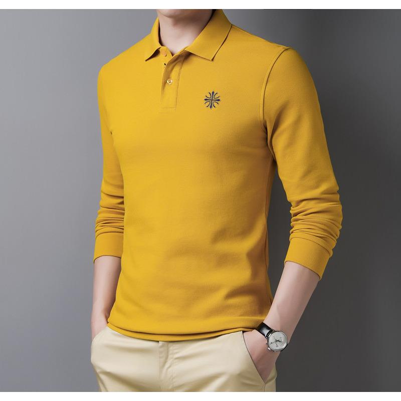 Long-Sleeved T-shirt Men's Lapel Men's Polo Shirt Solid Color Trendy Middle-Aged Autumn and Winter Dad Top Bottoming Shirt Men