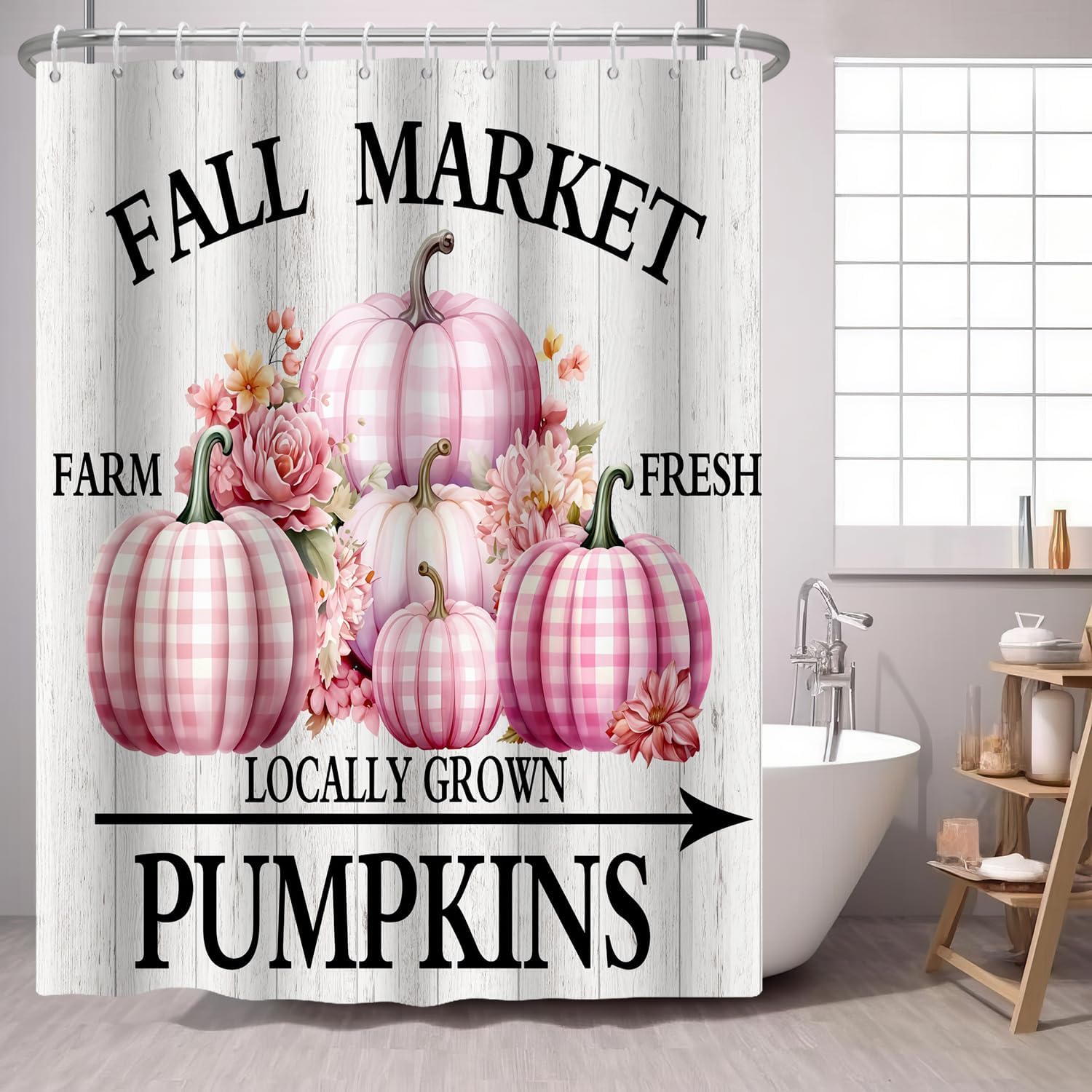 

Pink Pumpkin Shower Curtain Fall Harvesting Pink Buffalo Pumpkins Flower Farm,Rustic Fabric Shower Curtains Farmhouse Wooden 90x180CM
