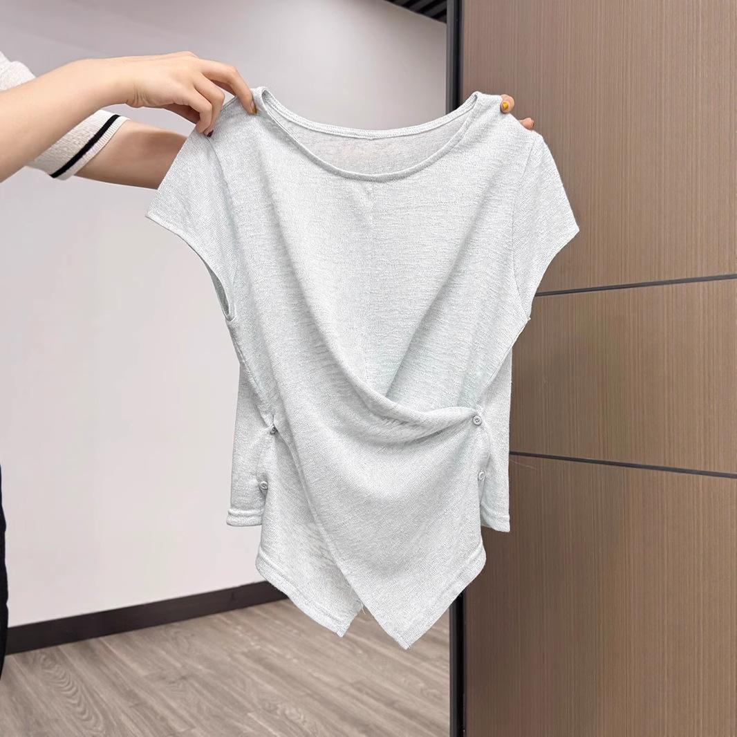 

This Is A Stylish Cross-neck, Short-sleeved, Straight-shoulder T-shirt for Women, A Slimming and Figure-hugging Korean Style Top one size білий
