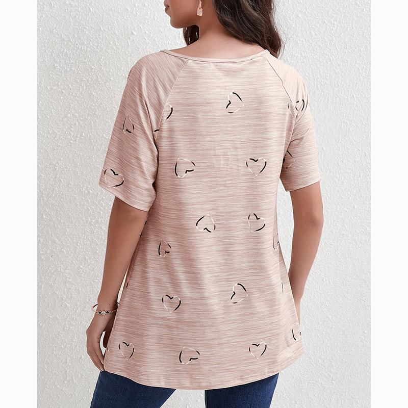 Spring Summer New Zipper Short Sleeve Shirt Women Tops Casual Love Print Pullover T-shirt Woman Fashion Elegant Loose Lady Blouse 24145