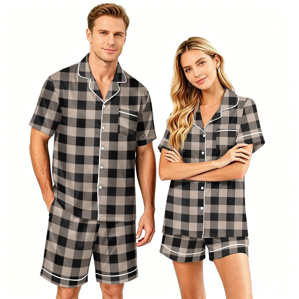 Couple Pajama Set Short Sleeve Button Down Shirt and Shorts Sleepwear Soft Casual Lounge Wear S-XXXXL