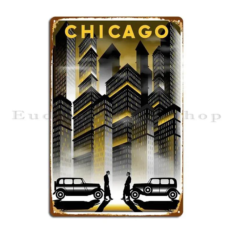 Chicago City In Night Metal Sign Club Wall Decor Mural Iron Wall Decor Tin Sign Poster
