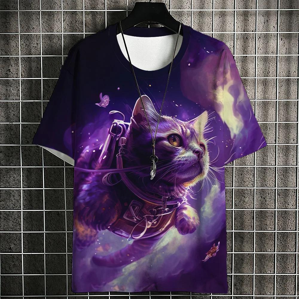 Cartoon Cat Men's T-Shirt Japanese Style Ukiyo-e Cat Printing T-Shirts Casual Loose Short Sleeve Tee Oversized Men Clothing Tops