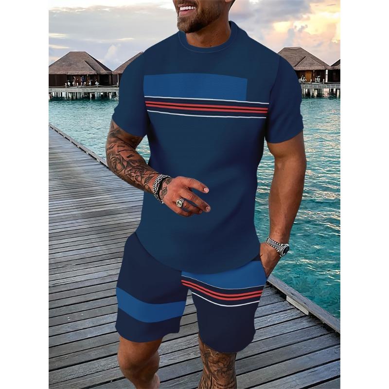 Summer Bestseller T-Shirt Set Color-Block Striped Short-Sleeve T-Shirt & Shorts Set Casual Outdoor Running Fitness Set