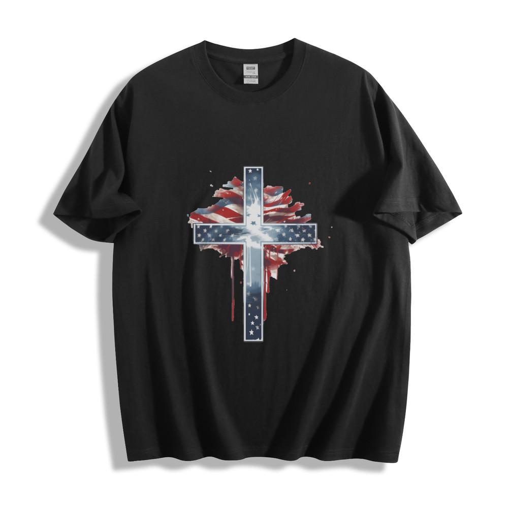 Patriotic Cross USA Flag T-Shirt - Bold Flag and Cross Design Unisex Tee