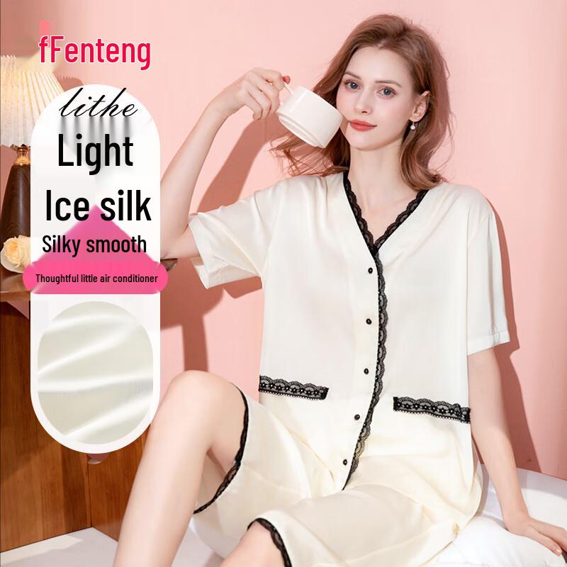 Fenteng Women s V-Neck Ice Silk Pajama Lounge Set L