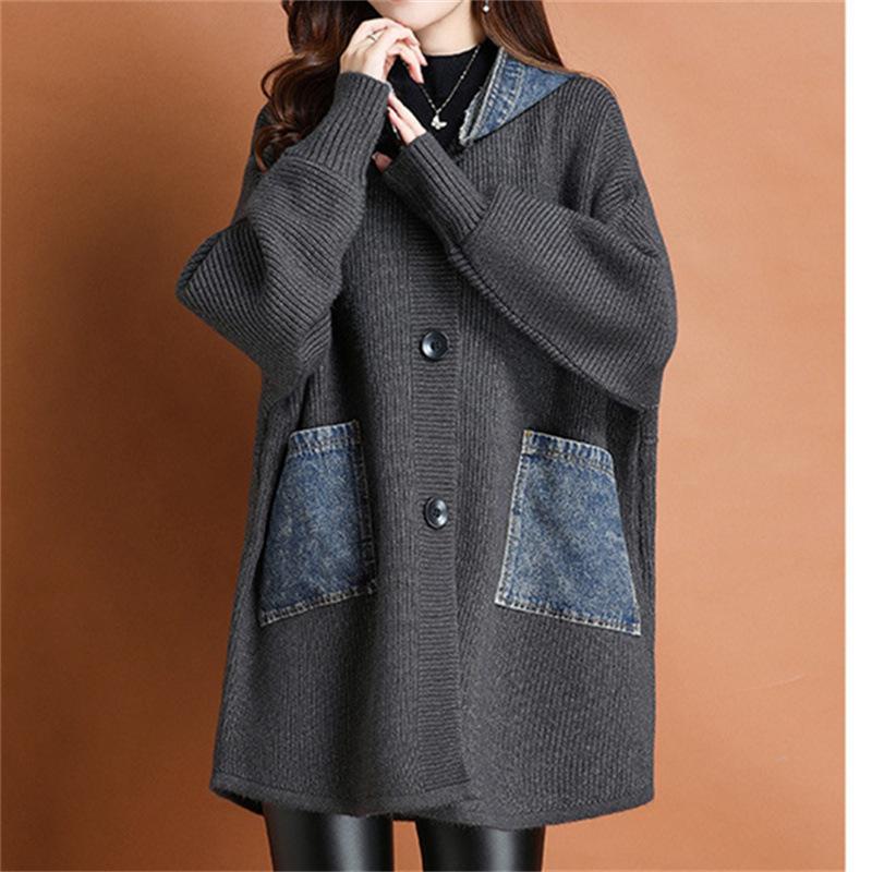 

2025 Новый свитер для беременных с капюшоном, джинсовый пэчворк, свободный кардиган, пальто, модная осенняя одежда для беременных One Size темно-серого