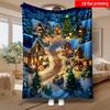 2D Flat Printing 1pc Snowy Christmas Village Printed Soft Fleece Blanket Single-Sided Printing Suitable for All Seasons for Sofa O