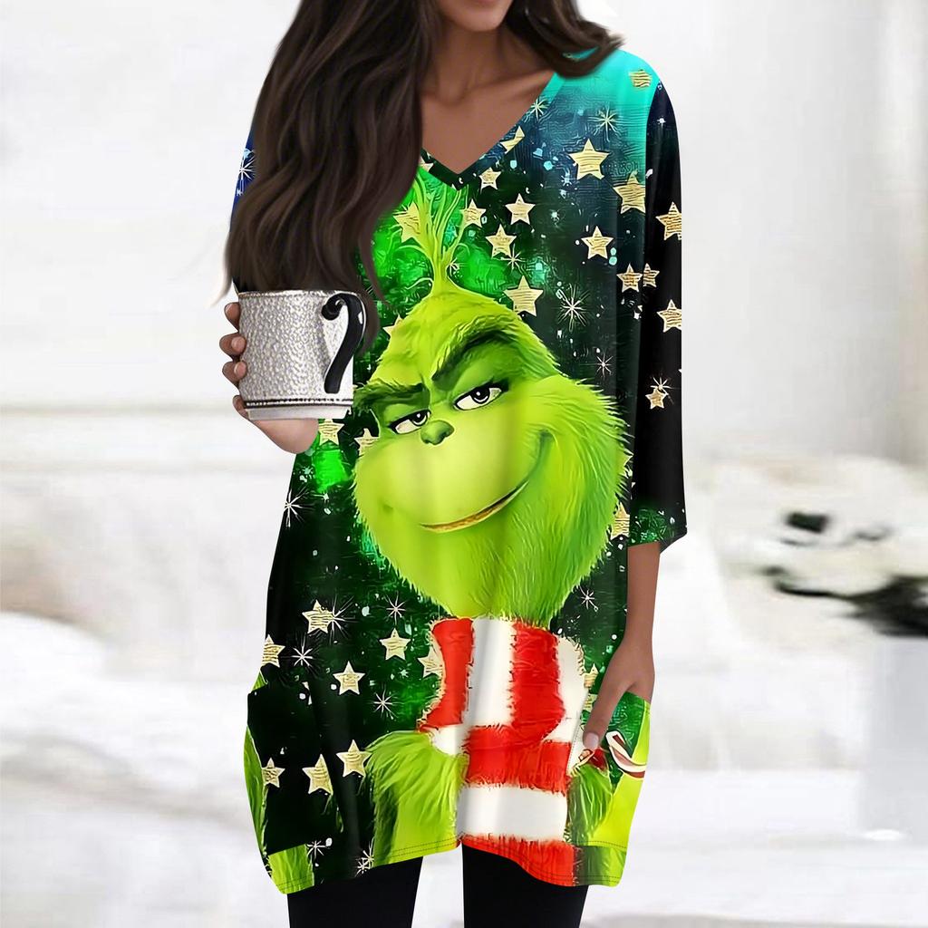 Womens Tops V-neck 3/4 Sleeve Blouses Casual Mid-length Shirts Fashion Christmas Print Tunic Tops With Pockets
