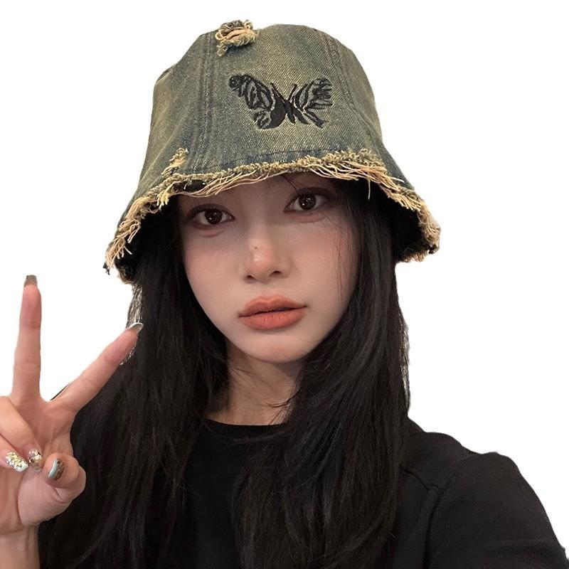 Trendy Retro Embroidery Denim Fisherman Hat For Adults With Chic Butterfly Design