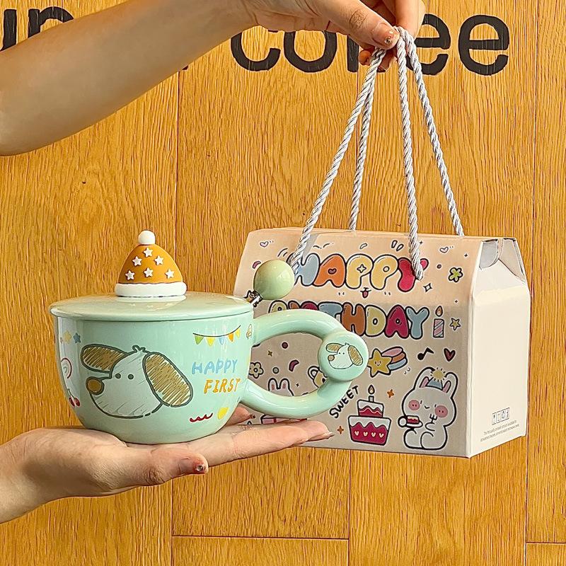Gebt Mädchen Geburtstagsgeschenke, Cartoon-Hasenbecher, hochwertige Keramiktassen mit Deckel und Löffel und Geschenkboxen.