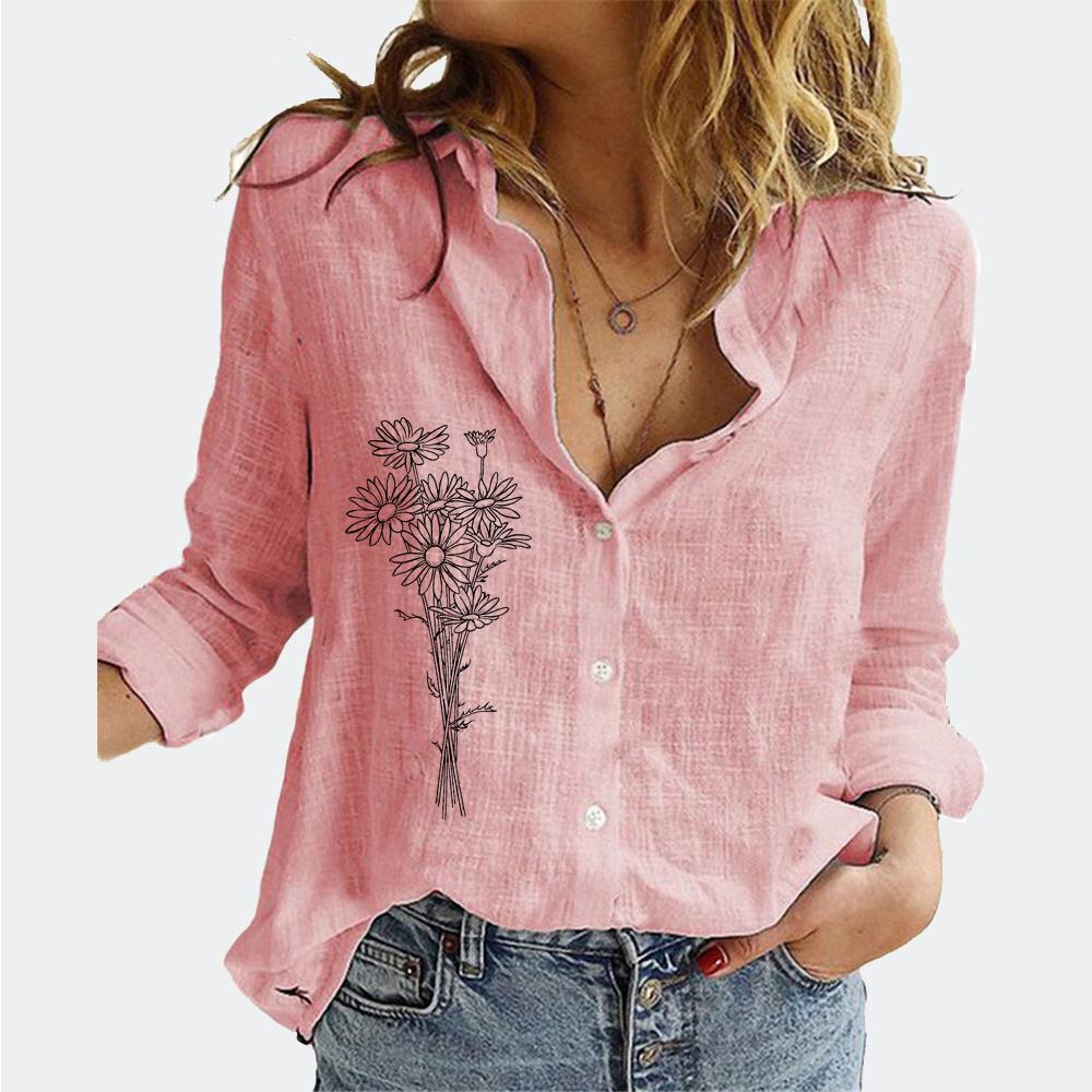 Tricou cu mânecă lungă pentru femei cu imprimeu floral, modă, guler cu rever, bumbac-in, top de vară și toamnă, bluze largi cu nasturi