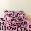3Pieces Cute Pink Spooky Halloween Print Duvet Cover Set, Happy Halloween Slogan Skull Hat Bat Castle Love‑Heart Pattern Bedding