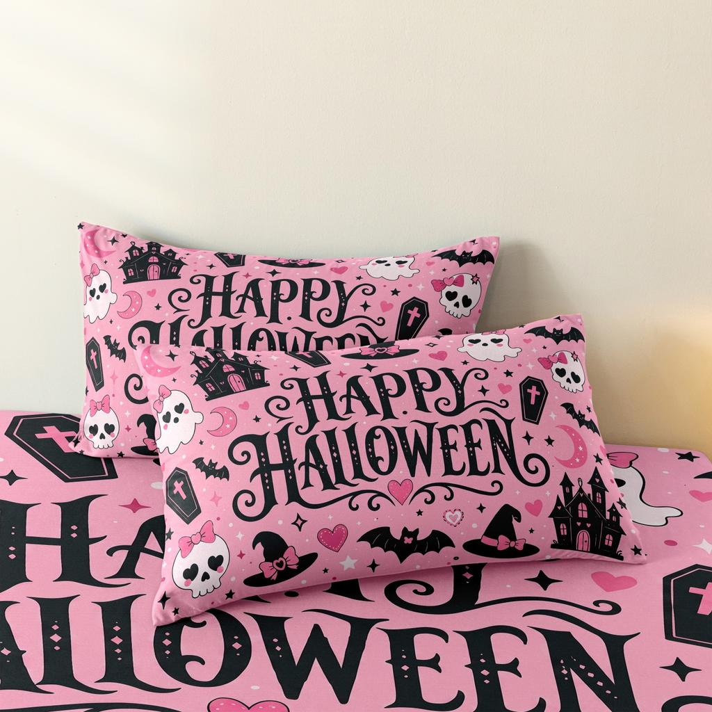 3Pieces Cute Pink Spooky Halloween Print Duvet Cover Set, Happy Halloween Slogan Skull Hat Bat Castle Love‑Heart Pattern Bedding