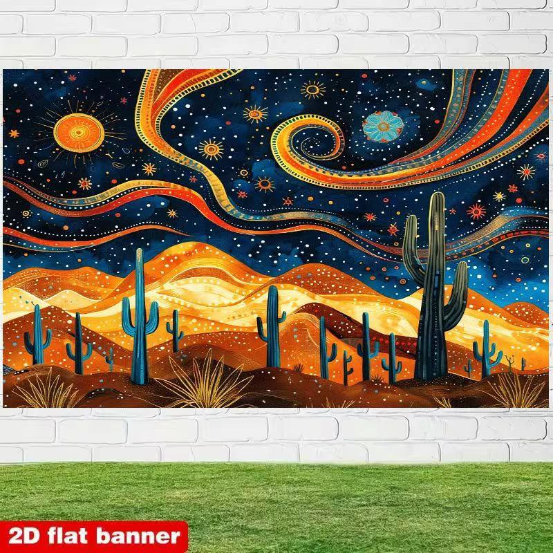 

2D Starry Desert Photography Background, Boho Cactus & Galaxy Wall Banner 47.2x31.5inch/120*80cm