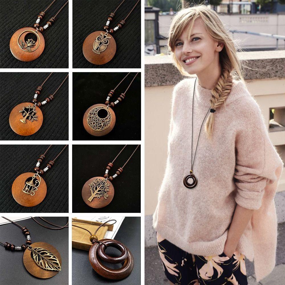 Retro Legno Foglia Gufo Lunga Catena Maglione Etnica Collana Rotonda Donne Ciondolo Orologio Gioielli Femminili Accessori per il Collo Regali Collare