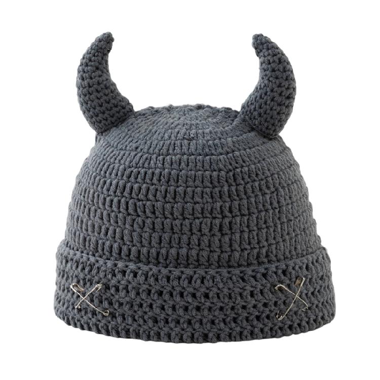Crochet Horn Cap for Fall Winter Outfits, Brimless Devil Hat with Front Pin Accent for Party Photo Outfit Looks