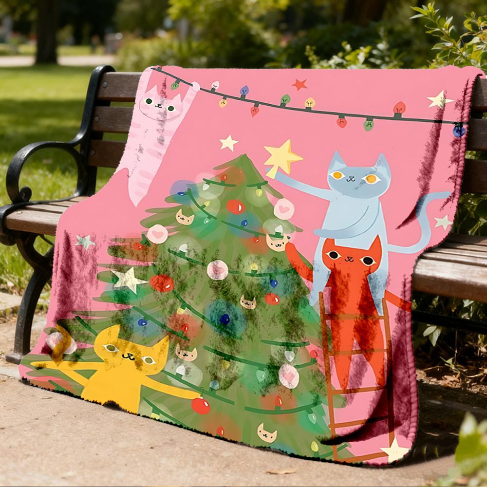 1pc Cat Christmas Outdoor Personalized Flannel Blanket, Soft, Lightweight Personalized Flannel Blanket, Digital Printing,