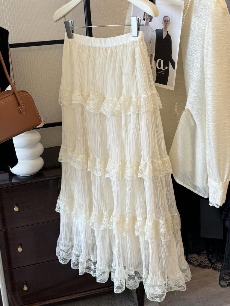 Textured Lace Layered Midi Skirt for Spring/Summer - Women's Sweet Sheer Mesh Skirt