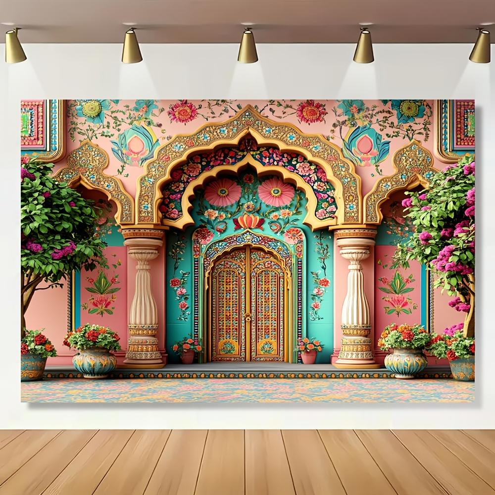 Vibrant Indian palace themed background - luxurious palace design with lush floral decorations 100x150cm
