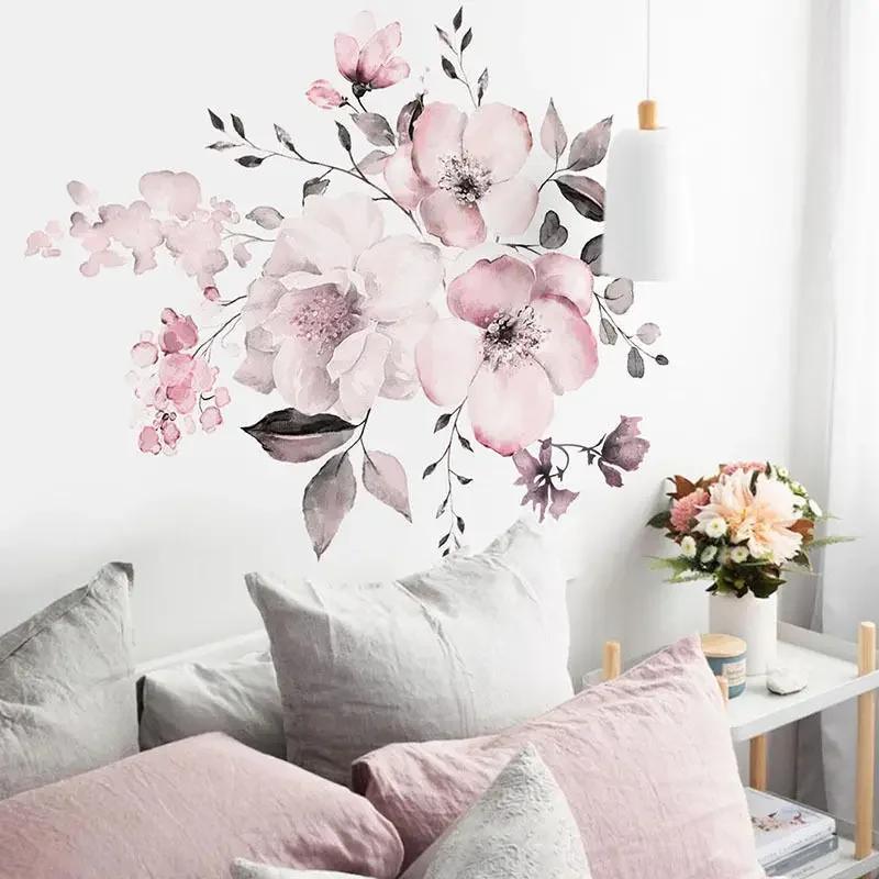 Watercolor Pink Flower and Leaf Combination Wall Stickers Home Background Decoration Stickers Removable Self-adhesive Mural