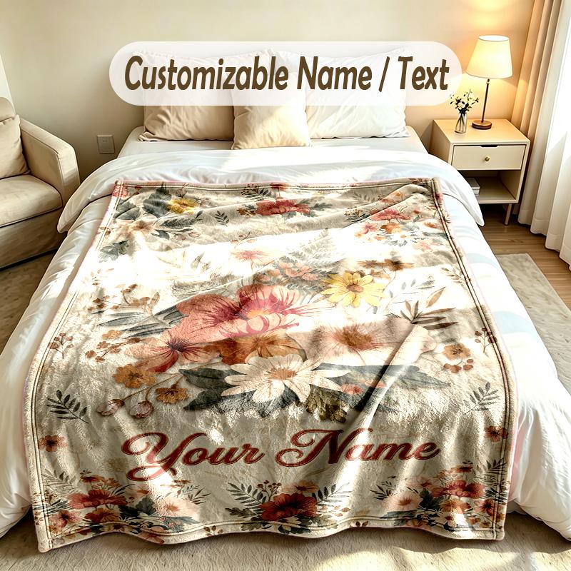 Floral Garden Theme Soft Blanket Personalized Custom Name Text Print Warm Blanket Home Sofa Bedroom Decor