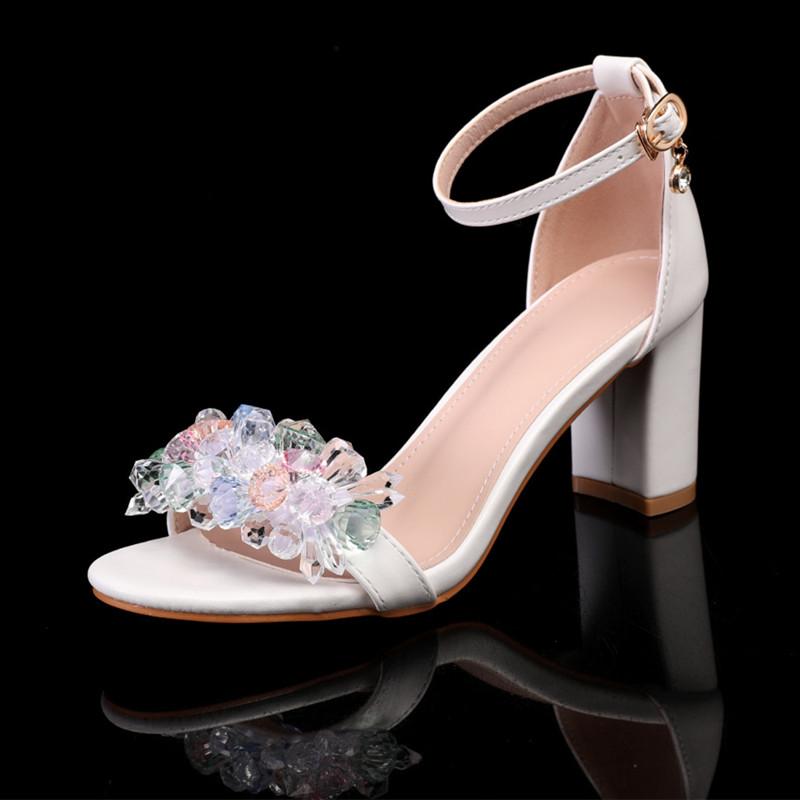 Summer Crystal Flowers Decoration Women Gladiator Sandals Big size 35-43 Comfortable Thick High heels Sweet Party Shoes