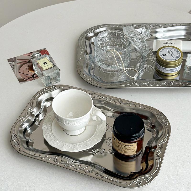 Vintage Taca Ze Stali Nierdzewnej Kwiatowo Tłoczone Tace Do Serwowania Deseru Prostokątny Talerz Do Przechowywania Biżuterii Narzędzie do Dekoracji Domu