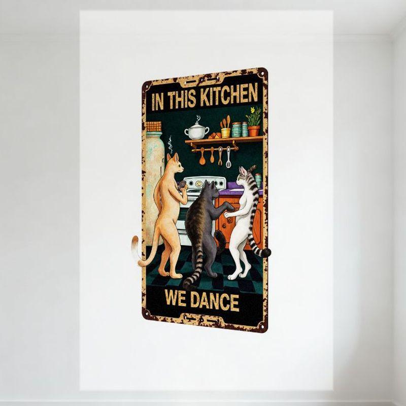

Vintage Distressed Metal Sign with Dancing Cats in Kitchen - Dark Green Background, IN THIS KITCHEN WE DANCE Rustic Retro Wall 20x30cm（7.8x11.8inch）