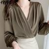 Blusas y camisas con cuello en V de manga larga con estampado de Color sólido informal a la moda para mujer
