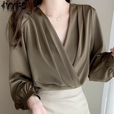 Women's Fashion Casual Spring Fall Solid Color Print Long Sleeve V-Neck Blouses & Shirts