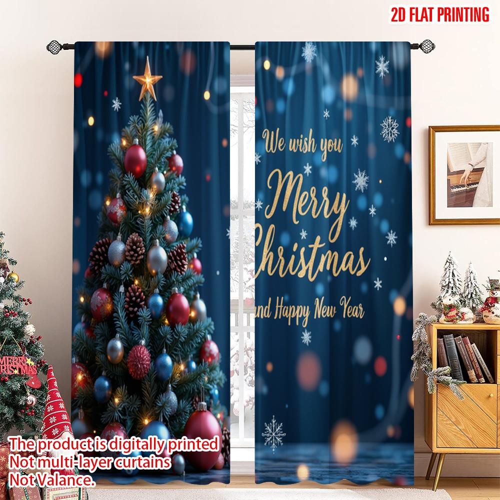 

Flat Printing Merry Christmas Popular Curtains Happy New Year Fabric Without Electricity Holiday Set Of 2 Made Polyester W100*H70(CM)-Rod Pocket&2PCS