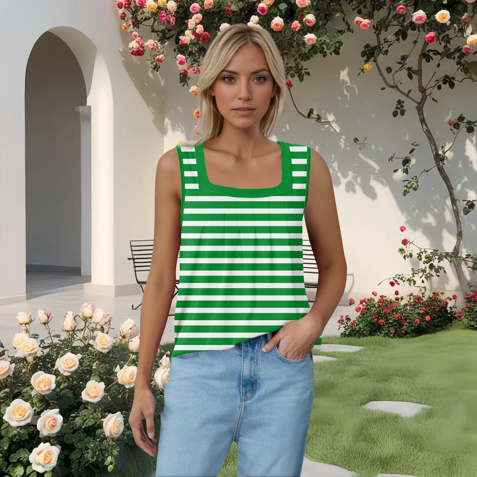 

Женская плиссированная футболка без рукавов с квадратным воротником и принтом XXL зелёный