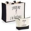 Beach Bag - PLANETEE - Jute Tote Bag Duo & Black Pencil Case - Cotton - Beige/Black - "Baseball C'est La Vie" Pattern