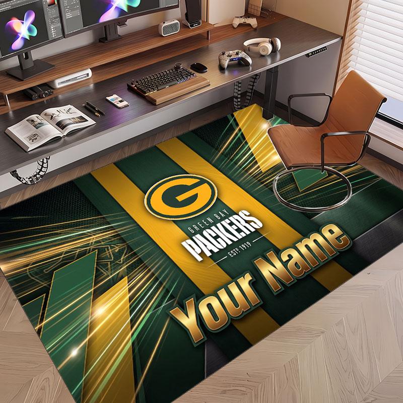 Custom Rug Green Bay Packers Pattern Print Name Text Soft Non‑Slip Floor Carpet for Home Indoor Decoration