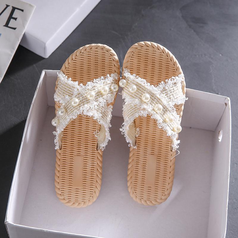 Summer Fashion Pearl Flat Bottom Straight Drag Beach Anti-skid Cool Slippers