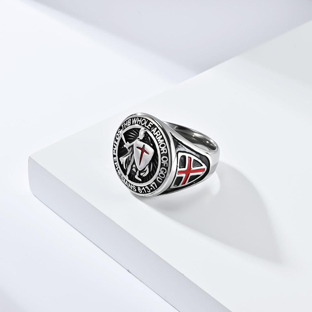 Punk Rock Titanstål Tempelridder Skjold Kors Rund Fingerring for Menn Retro Smykker Dropshipping Størrelse 7-13