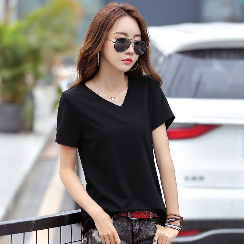 New Short-sleeved Cotton Simple Slimming Loose Korean Style V-neck Large Size Women's T-shirt Tops Bottoming Shirt
