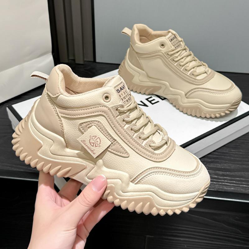 Spring and Autumn new leather breathable sneakers platform casual dad shoes high-top single shoes