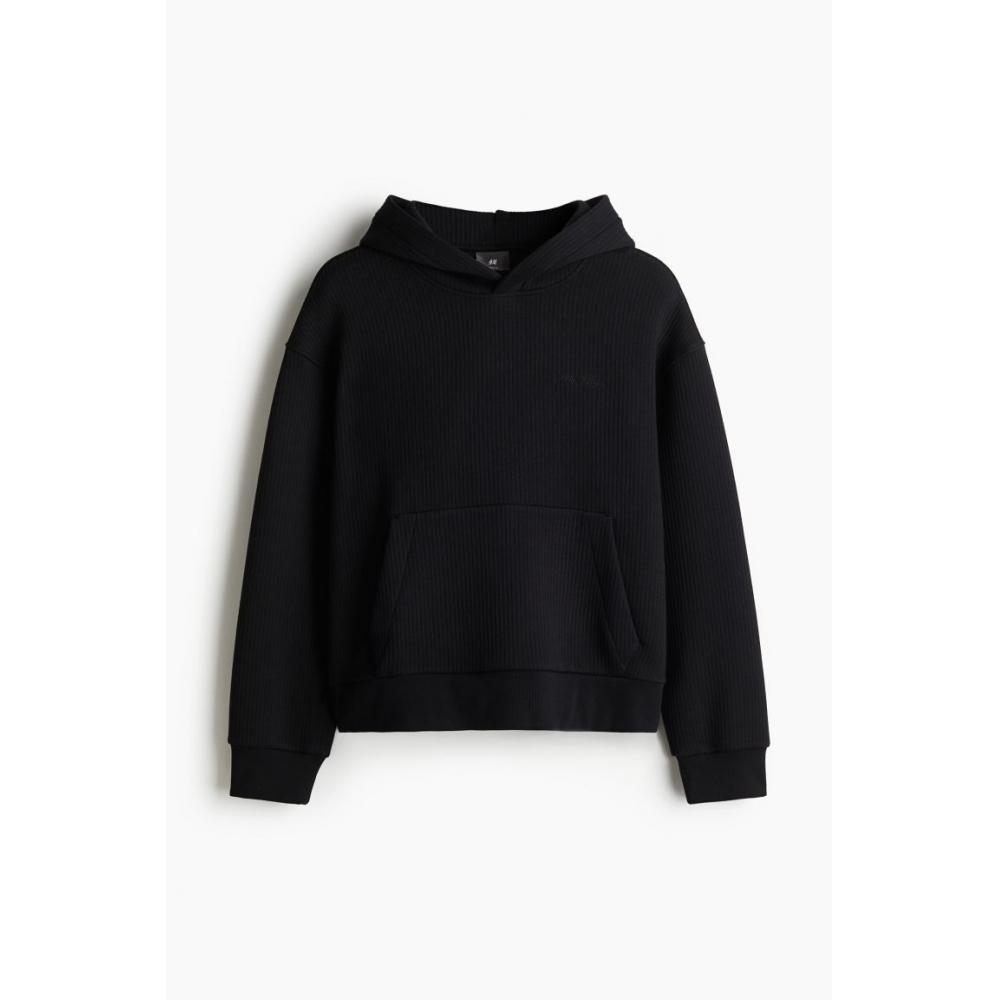 H M Ribbed Hoodie Loose Fit Black