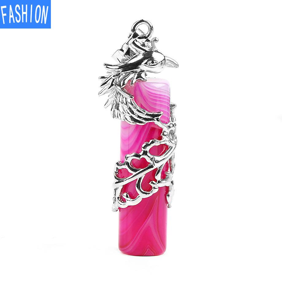 Creative Mascot Wrapped Natural Stone Cylindrical Pendant And Pink Crystal Necklace