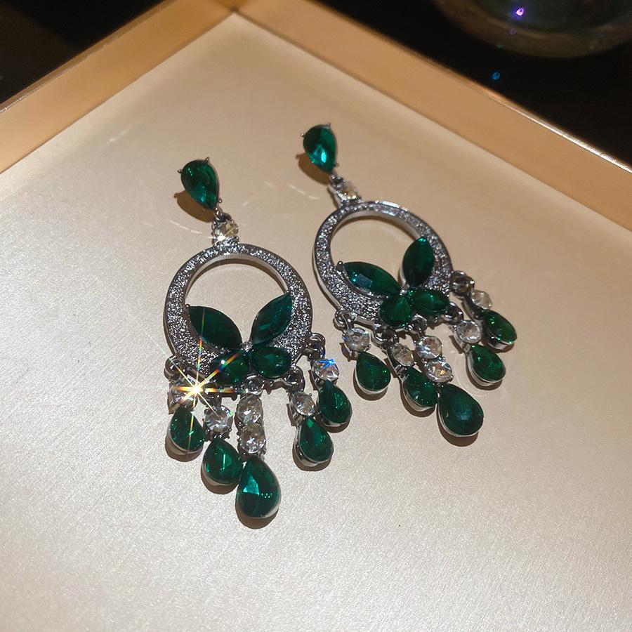 Emerald diamond leaf fringed earrings light luxury stud earrings women's European and American earrings