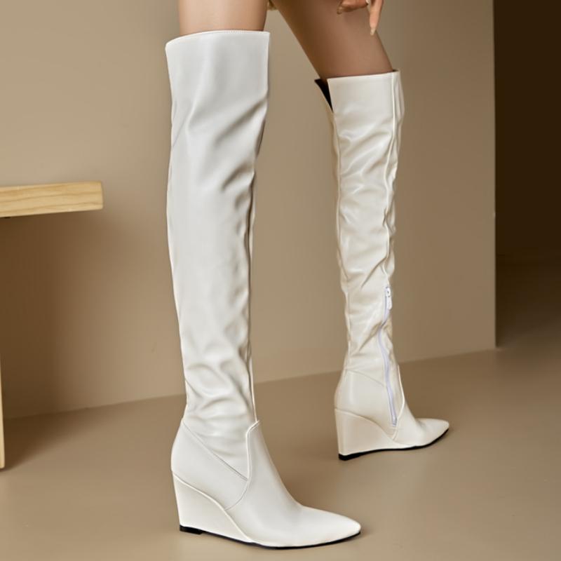 Μόδα Σέξι Πάνω από το Γόνατο Ψηλές Μπότες Σφήνα Γυναικεία Τακούνια Μυτερή Μύτη Μέχρι τον Μηρό Μακριές Μοντέρνες Μπότες Γυναικεία Παπούτσια Μαύρο Λευκό Σφήνα Υπόδημα