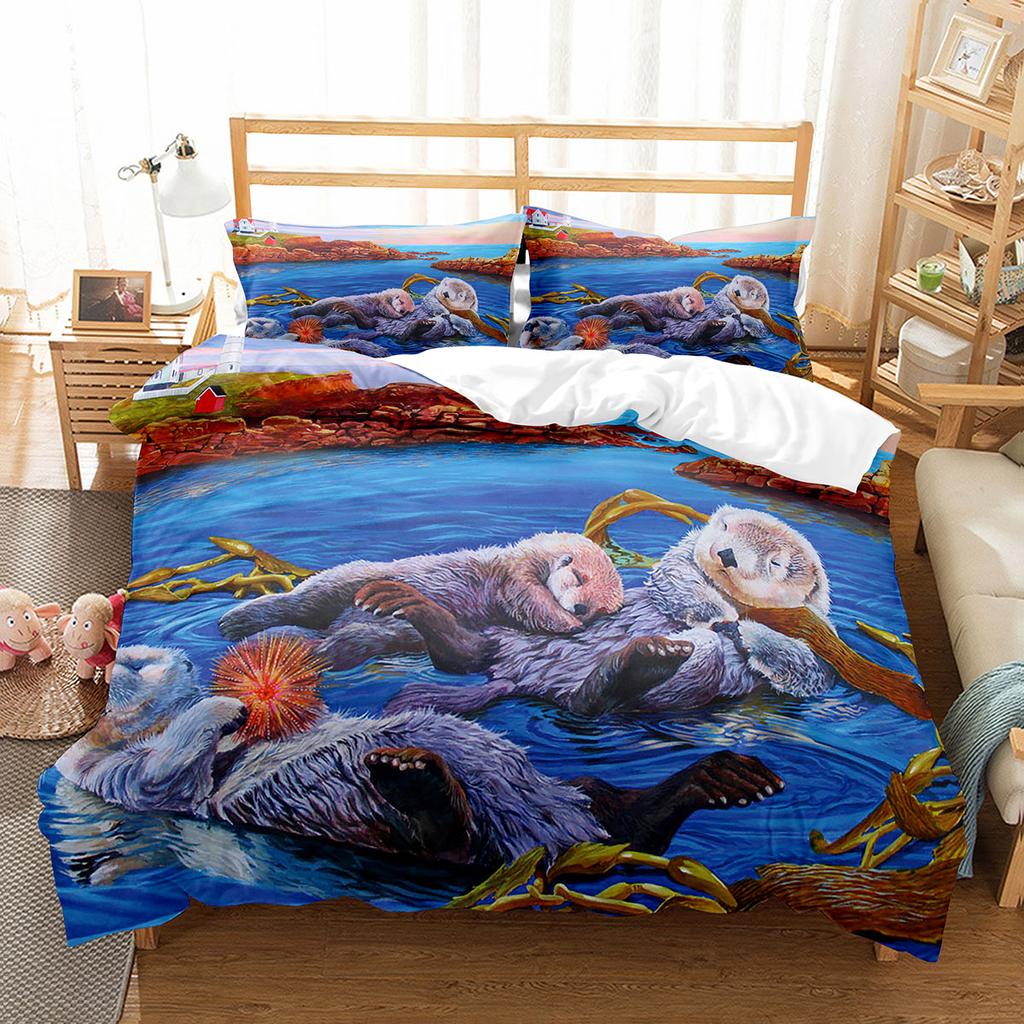 Set Husă Plapumă Vidre de Mare Animale Marine Drăguț Kawaii Husă Plapumă Mărime King Queen Dublu Pentru Copii Băieți Fete Adolescenți Set de Lenjerie de Pat