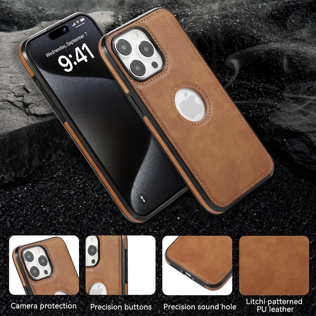 PU Leather Logo Hole Phone Case For iPhone 16 15 14 13 12 11 Pro Max XS XR X 7 8 Plus Shockproof Bumper Soft Business Back Cover