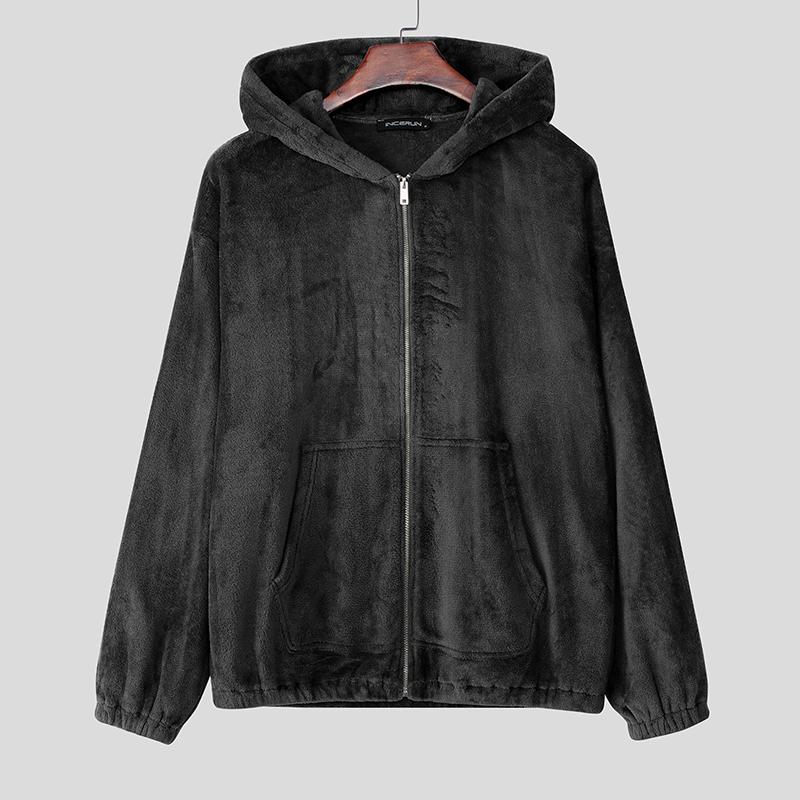 INCERUN Men Women Long Sleeve Furry Casual Loose Pullover Hooded Sweatshirts S